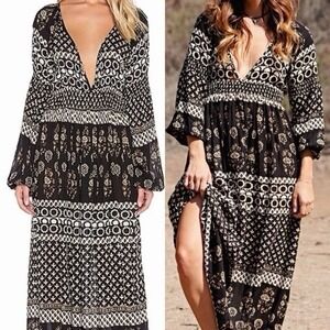 RAGA Black & Cream Boho Maxi Dress Women's Size XS